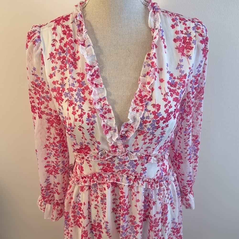 Midi Dress Long Sleeve Pink White Floral Frill Trim Flounce Sleeve Ruffle Hem M - Picture 3 of 7